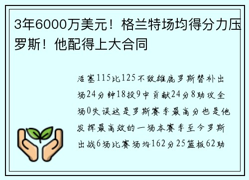 3年6000万美元！格兰特场均得分力压罗斯！他配得上大合同